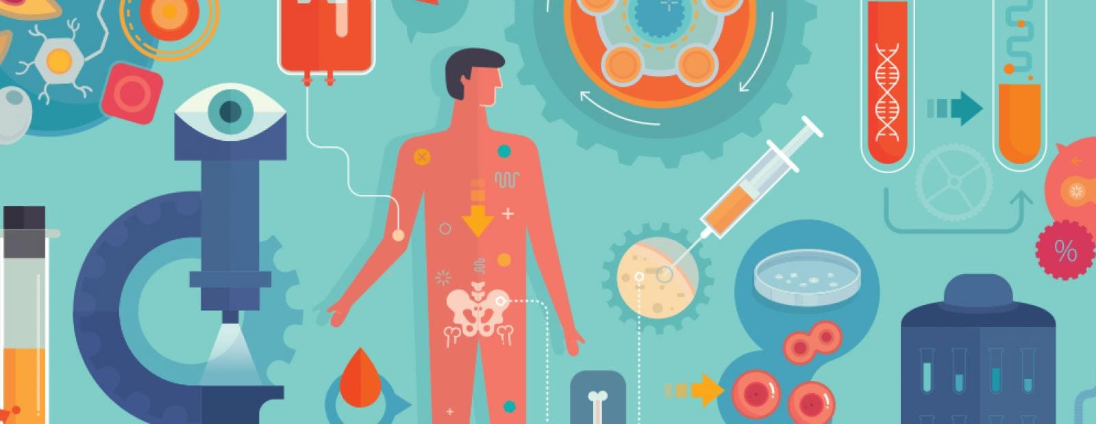 Ilustração de anatomia humana e pesquisa médica, apresentando uma silhueta humana, equipamento de laboratório, DNA, uma seringa e vários ícones científicos em um fundo azul-petróleo.