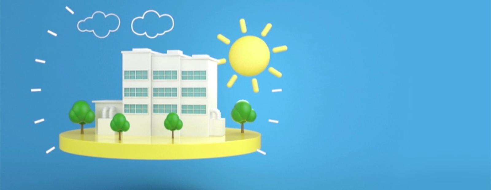 Ilustração de um edifício em uma plataforma amarela com árvores, nuvens e um sol contra um fundo azul.