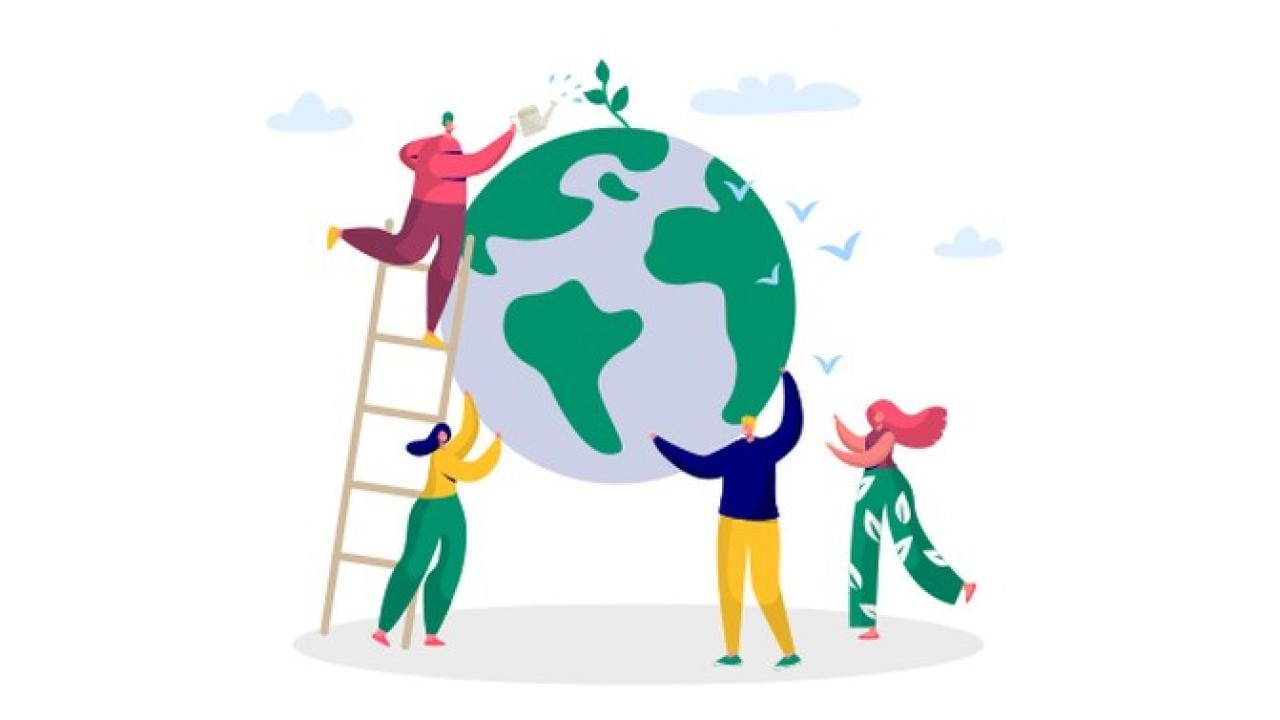 Ilustração de quatro pessoas cooperando para sustentar e cuidar de um grande globo, com uma pessoa regando uma planta que brota dele.