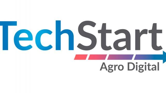 Logotipo para "TechStart Agro Digital" com um design de seta em tons de rosa, roxo e azul.