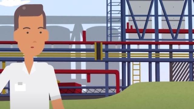 Ilustração de uma pessoa de camisa branca em pé em frente a uma instalação industrial com canos vermelhos e azuis.