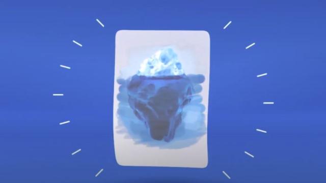 Uma ilustração de um iceberg em um cartão retangular, sobre um fundo azul, cercado por linhas brancas.