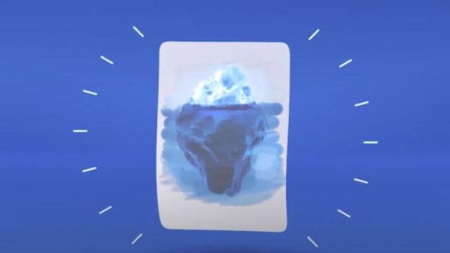 Uma ilustração de um iceberg em um cartão retangular, sobre um fundo azul, cercado por linhas brancas.