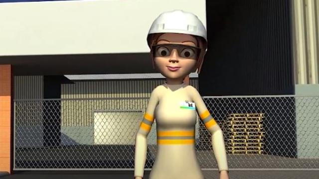 Personagem de desenho animado usando capacete e óculos de proteção em frente a um prédio industrial com uma cerca de arame.