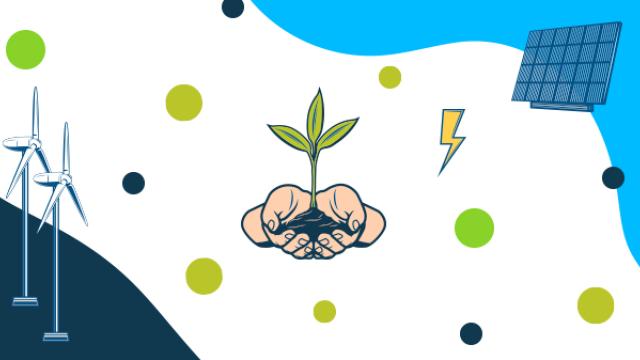 Ilustração de mãos segurando uma pequena planta, cercadas por turbinas eólicas, um painel solar e símbolos de energia, sobre um fundo azul e branco com pontos verdes e pretos.