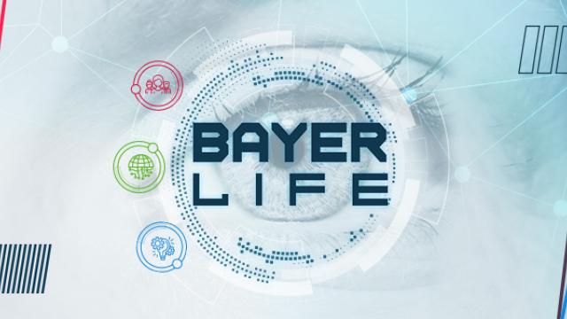 Gráfico com design de olho digital apresentando o texto "Bayer Life" e ícones representando moléculas, um globo e um cérebro.