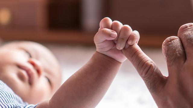 Um bebê deitado segura o dedo de um adulto com leve firmeza.