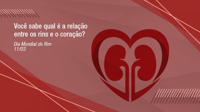Ilustração de coração e rim com texto em português sobre o relacionamento deles para o Dia Mundial do Rim em 11/03.