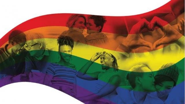 Imagem de capa de um livreto LGBT+ apresentando uma bandeira de arco-íris com casais e indivíduos diversos. O título do livreto "Cartilha LGBT+" e o logotipo da Bayer são exibidos.